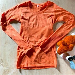Lululemon Orange Long Sleeve Running Shirt with Thumbholes Stretch Breathable 6